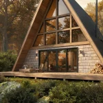 Küçük bir sebze bahçesine sahip, kırsal yaşam tarzını yansıtan tiny house.