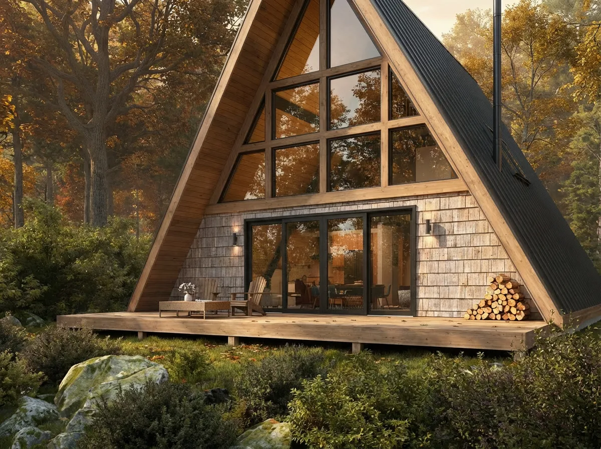 Küçük bir sebze bahçesine sahip, kırsal yaşam tarzını yansıtan tiny house.