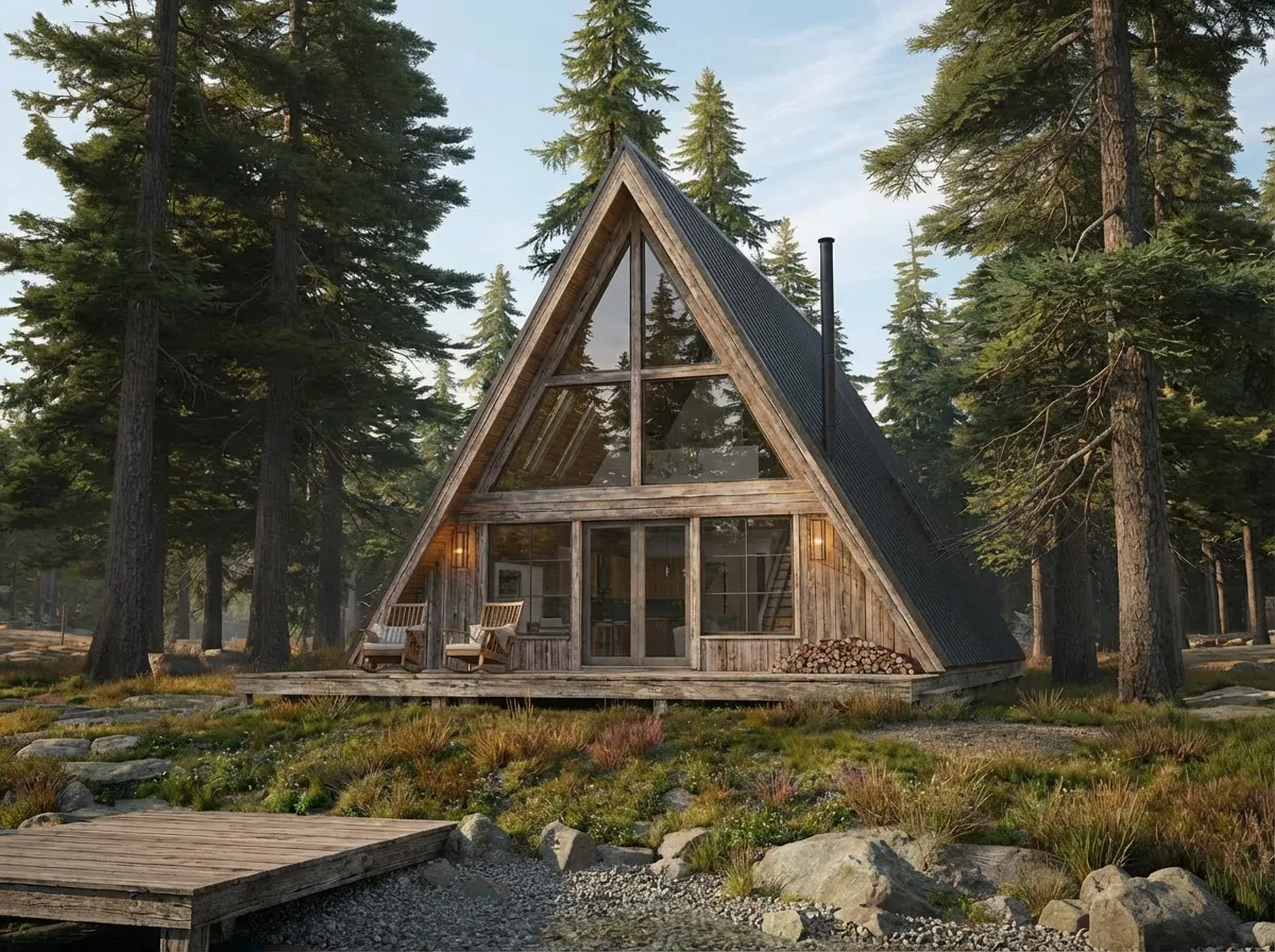 Kış şartlarına uygun izolasyonlu, karlı manzarada konumlanmış tiny house.